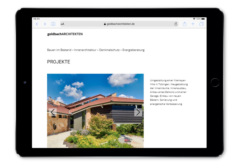 Milena Paralis Referenz One-Pager GoldbachArchitekten Desktop, Onepage Website für Architekten, Architekten Website