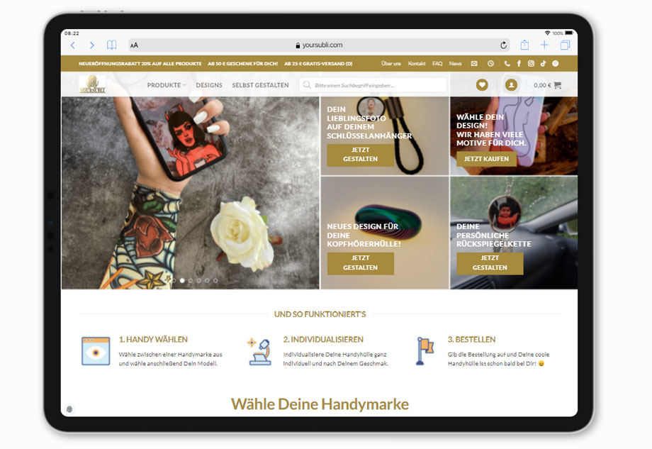 Milena Paralis Referenz YourSubli Onlineshop Tablet, WooCommerce Onlineshop erstellen lassen