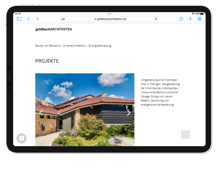 Milena Paralis Referenz One-Pager GoldbachArchitekten Tablet, Onepage Website für Architekten, Architekten Website