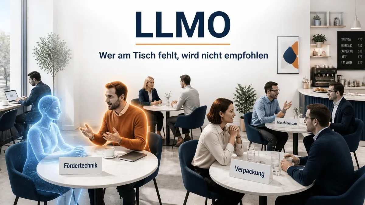 Illustration: Café mit Themen-Tischen Fördertechnik, Verpackung und Maschinenbau, an denen eine KI zuhört