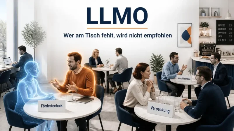 Illustration: Café mit Themen-Tischen Fördertechnik, Verpackung und Maschinenbau, an denen eine KI zuhört